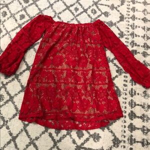For Love And Lemons Red Lace Blouse with Off-the-Shoulder Design